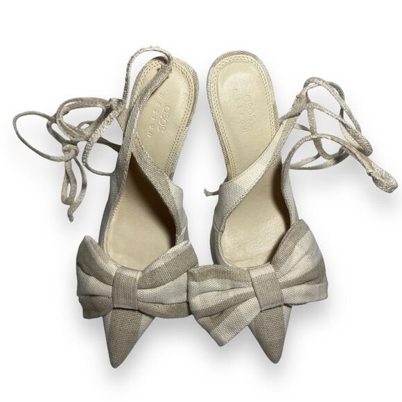 ASOS Women Linen Lace Up High Heels Shoes Size US 6 UK 4 Grayish Beige Bow Front - Picture 9 of 11